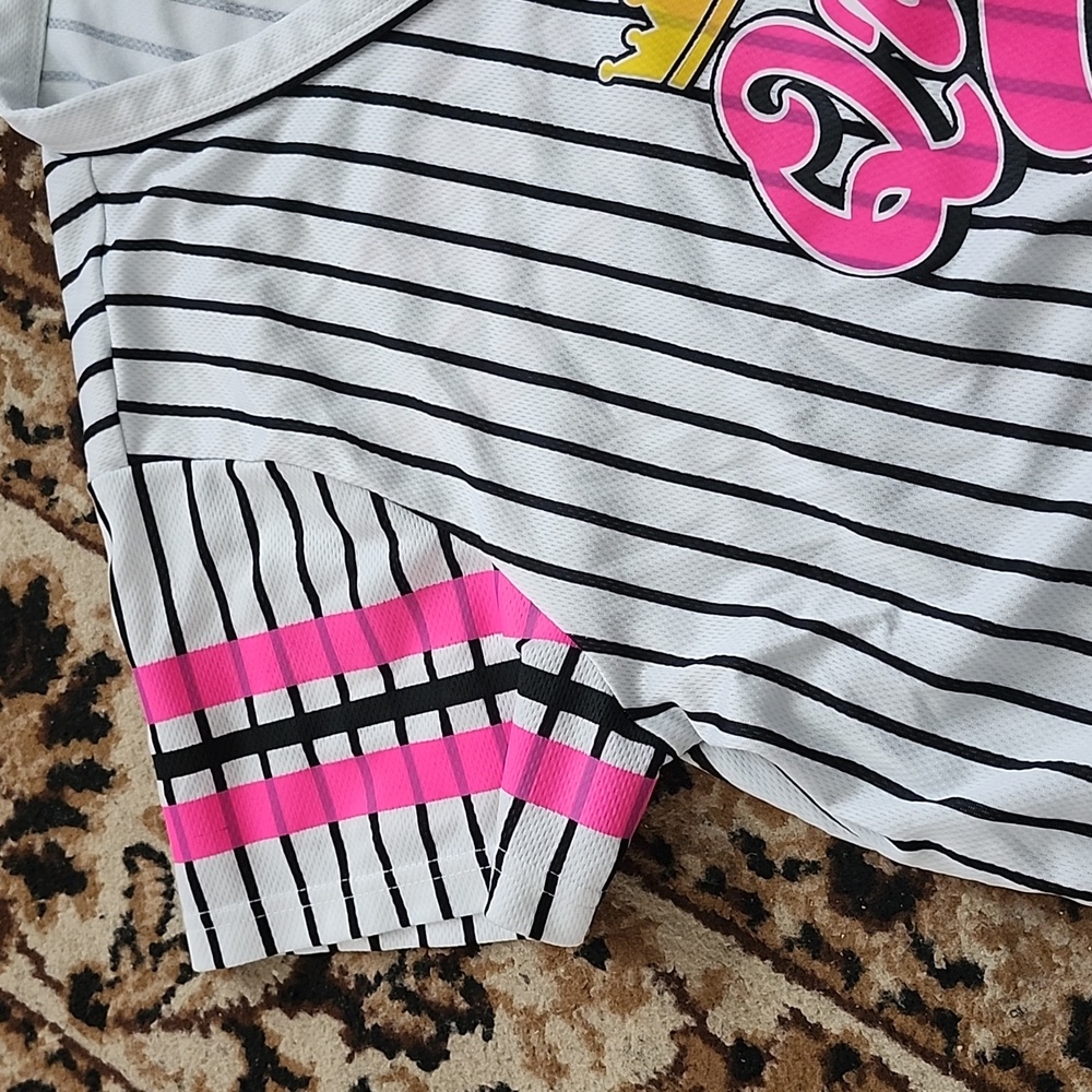F of NY Queen Graphic Striped Baseball Styled Button Up Shirt- Pink & Black; 2X - Picture 3 of 12